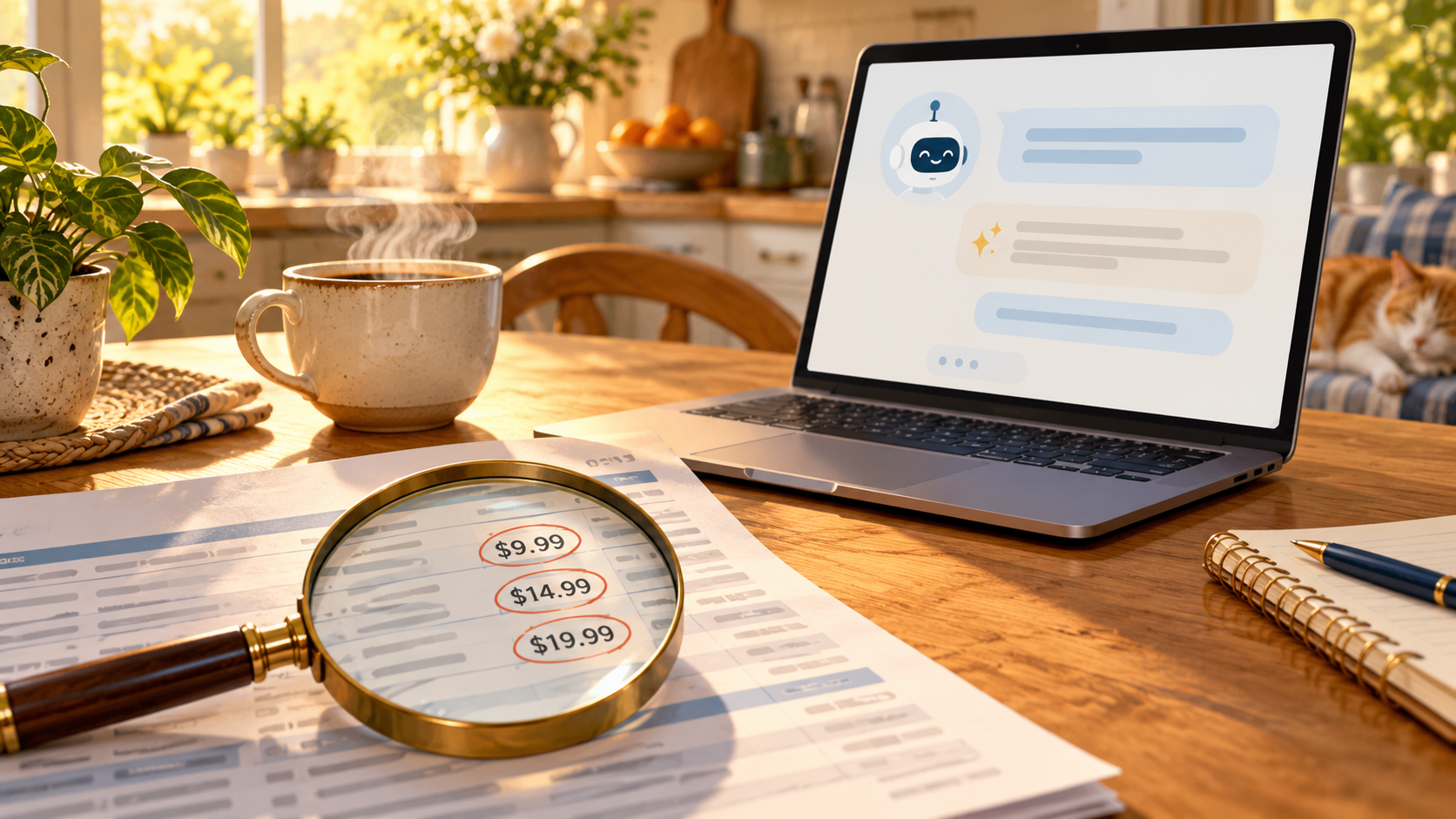 Coffee and a laptop beside a magnifying glass highlighting recurring monthly charges.